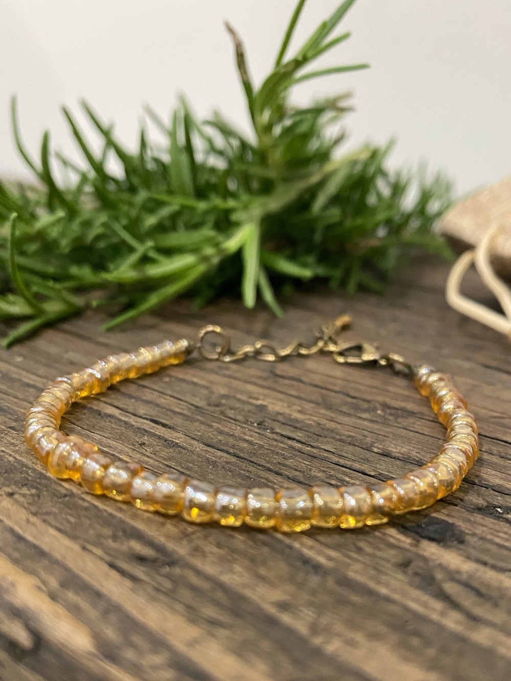 Dainty Glass Bead Bracelet, Gold & Amber Tones on Antique Brass Chain